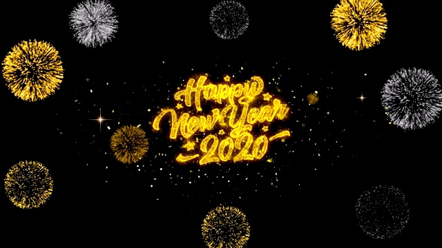 2020年新年快乐金色文字闪烁粒子与金色烟花展示