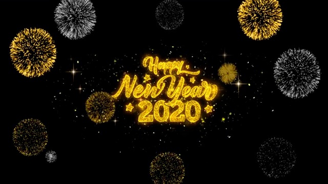 2020年新年快乐金色文字闪烁粒子与金色烟花展示
