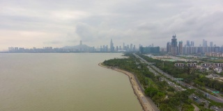 深圳的城市。南山区城市景观及海湾公园。中国空中拍摄