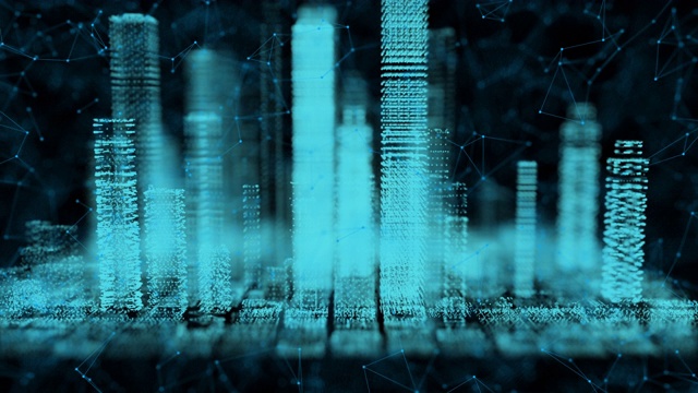 网络智慧城市，电力数字技术为未来智慧城市和商业城市的能源概念，三维渲染模拟建筑。