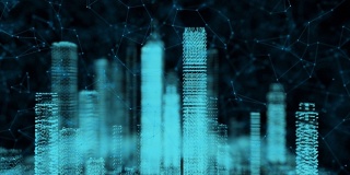 网络智慧城市，电力数字技术为未来智慧城市和商业城市的能源概念，三维渲染模拟建筑。