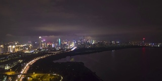 深圳夜景。福田区城市天际线。中国空中拍摄