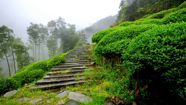 雨中婺源山的茶园，美丽的中国茶山景观，4k电影，慢镜头。