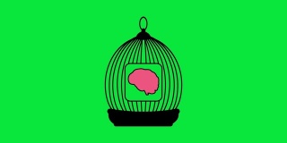鸟笼的动画。在细胞内出现了人类大脑。绿色的屏幕。Concept.4K。