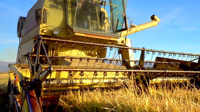 联合收割机收割稻谷，电影农业场景