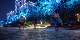 夜晚的时间照亮了三亚市江湾舞蹈课全景4k海南岛中国