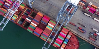 集装箱船，国际物流业务货运海运由集装箱船在公海，空中俯瞰。