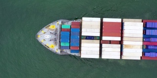 集装箱船，国际物流业务货运海运由集装箱船在公海，空中俯瞰。