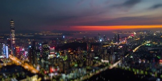 深圳城市风景日落天空市中心航拍全景4k倾斜移位时间推移中国