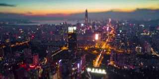 夜光深圳城市景观市中心KK100建筑航拍全景4k倾斜移位时间推移中国