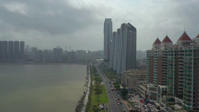阳光明媚的日子，珠海城著名的交通湾，澳门观景航拍全景4k中国