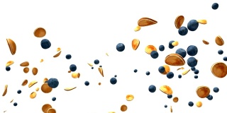 新鲜的蓝莓和薄饼在白色的衬托下慢镜头飞舞