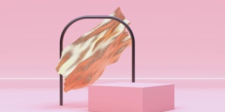 抽象悬浮/漂浮织物/旗帜/窗帘金属空白讲台粉色蜡笔场景墙地板运动3d渲染