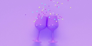紫色/紫色场景，酒杯，饮料物体概念，许多球体，彩色抽象运动3d渲染
