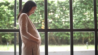 怀孕的亚洲妇女轻轻触摸她的肚子视频素材模板下载