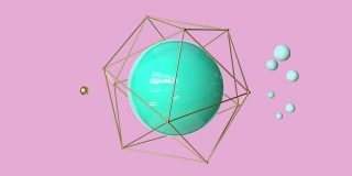 绿色球体金色框架旋转抽象三维渲染运动粉色场景
