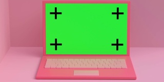 粉色场景电脑/悬浮绿色屏幕3d渲染