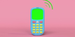 旧手机3d渲染卡通风格的绿屏粉彩
