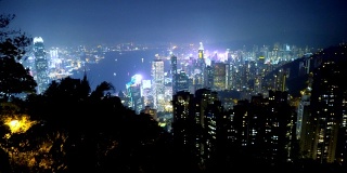 3个剪辑-香港夜天际线从高处-框架稳定的移动镜头