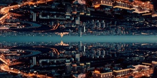 未来城市的空中背景。镜面效果