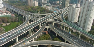 延安高架路口晴天。上海,中国。鸟瞰图