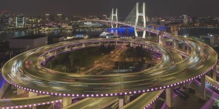 中国上海南浦大桥螺旋路交通时间的白天到晚上的4k视频