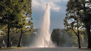 德国汉诺威。喷水池从放在地上的碗里喷出的巨大的高喷水池以公园里的绿树为背景。泌尿系统疾病和前列腺炎的治疗概念。慢动作视频素材模板下载