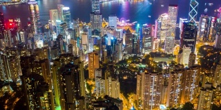 航拍中区及位于维多利亚港及香港海旁的国际金融中心(国际金融中心大厦)，从山顶俯瞰
