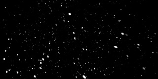 雪花在夜晚飘落在黑色的天空背景上，慢动作模糊。