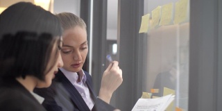 两个商业女性头脑风暴的想法一起工作，在现代玻璃办公室在白天下班后分享数据