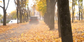 强大的SUV快速行驶在空旷的道路上，越过公园的黄叶。五颜六色的秋叶从汽车车轮下飞了出来。一辆黑色轿车在阳光明媚的日子穿过小巷。后视