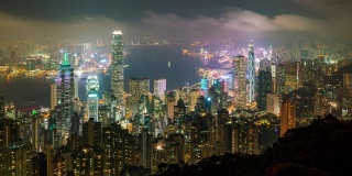 时间流逝，香港城市夜景。从中国香港的太平山顶看香港摩天大楼