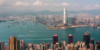 时间流逝，香港城市的天际线与蓝天和白云。从中国香港太平山顶眺望香港摩天大楼