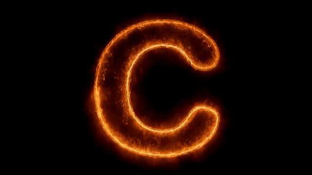 字母C单词热动画燃烧真实的火焰火焰循环。