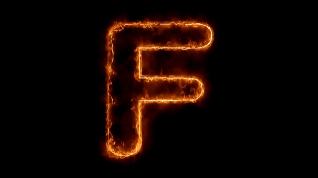 字母F单词热动画燃烧真实的火焰火焰循环。