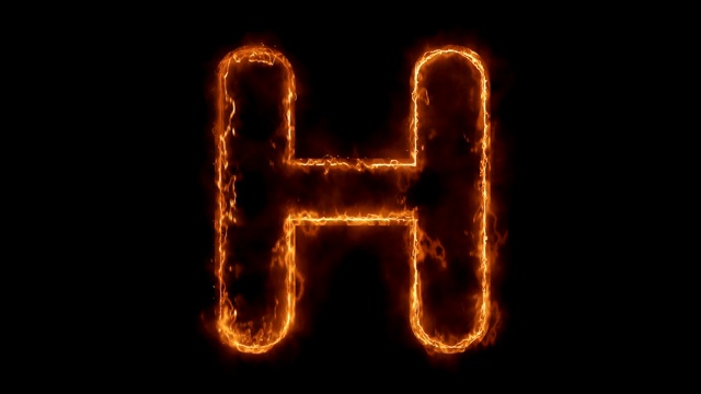 字母H单词热动画燃烧真实的火火焰循环。