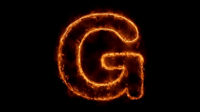 字母G单词热动画燃烧真实的火焰火焰循环。