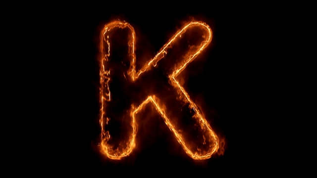 字母K单词热动画燃烧真实的火焰火焰循环。