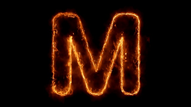 字母M单词热动画燃烧真实的火焰火焰循环。