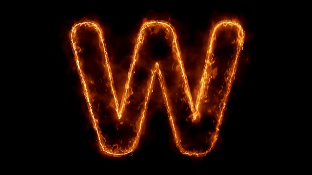字母W单词热动画燃烧真实的火焰火焰循环。