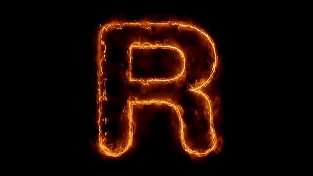 字母R单词热动画燃烧真实的火焰火焰循环。