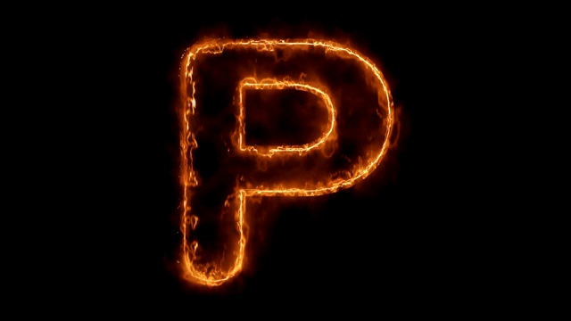字母P单词热动画燃烧真实的火焰火焰循环。