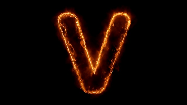 字母V单词热动画燃烧真实的火焰火焰循环。