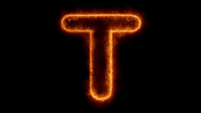 字母T单词热动画燃烧真实的火焰火焰循环。