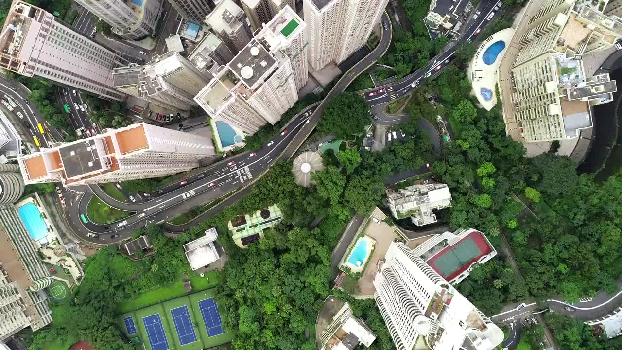 俯视图航拍视频，无人机拍摄，香港城市