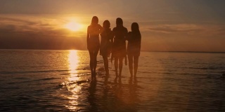 一群年轻的四个朋友去海滩看海