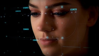 面对ID。面部识别系统。人脸检测点和贪婪。未来和技术的3D扫描的一个美丽的女人的脸面部识别。关闭了。视频素材模板下载