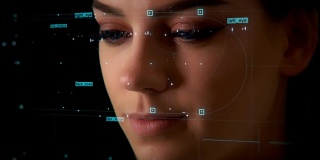 面对ID。面部识别系统。人脸检测点和贪婪。未来和技术的3D扫描的一个美丽的女人的脸面部识别。关闭了。