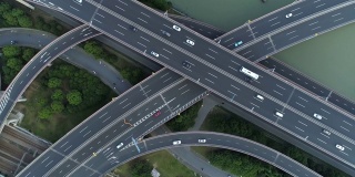 无人机的高速公路多层次交叉道路与移动的汽车在日落。汽车在多层路口行驶，是城市的概念。苏州城市,中国。