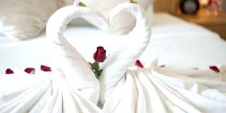 卧室有两条装饰有花的天鹅毛巾。